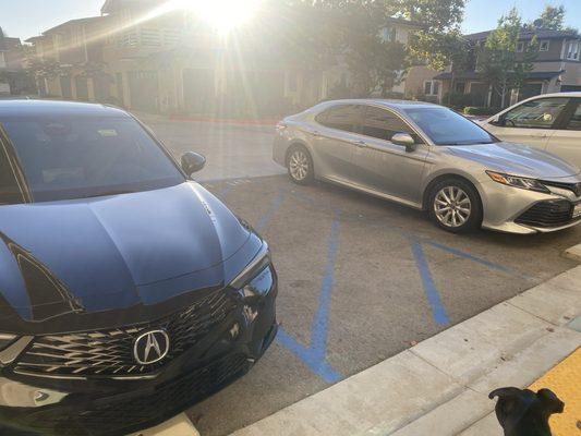 Two non-handicap vehicles parked in the handicap stalls