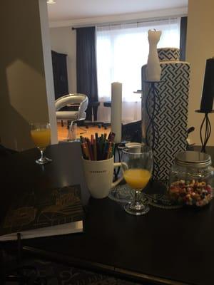 The "color" station complete with an adult coloring book and mimosas. Great way to unwind.