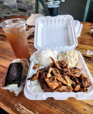 Teriyaki chicken plate, spam musubi, iced tea.