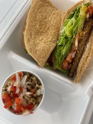 Vegan burger with Brown rice, and quinone side.