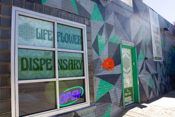 Front windows and door at Life Flower Dispensary RiNo