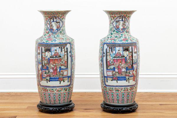 Pair Of Chinese Canton Famille Rose Porcelain Vases, 19th - 20th C.