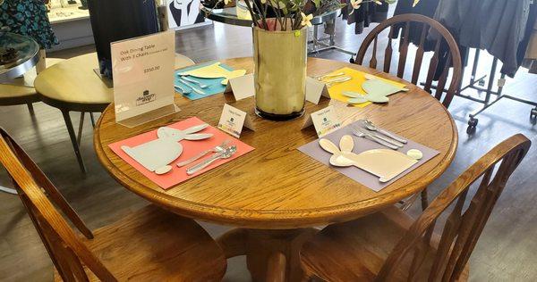 Cute place setting on the four top table and chairs. This is the cleanest/organized thrift store ever! They always decorate nicely too.