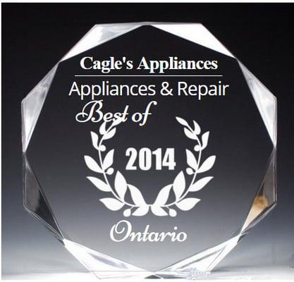 Cagle's Appliances has been selected as the 2014 Best Business of Ontario in the category of Appliances & Repair.