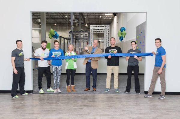 Mayor Steve Chirico with the Naperville Ultimate Ninjas ribbon cutting ceremony