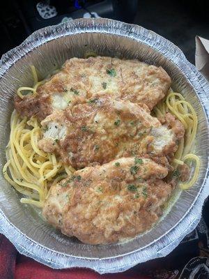 Chicken francese with a side of linguine