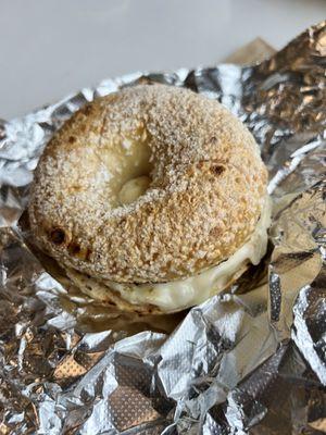 Basic egg and cheese breakfast sandwich on a sea salt bagel