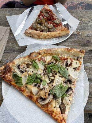 Cheese Pizza with roasted chicken, mushrooms, and basil