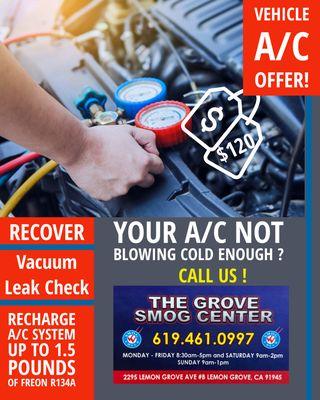 Offering A/C services ONLY in our Vista Location . Dont deal with bad Air Conditioning in your car .