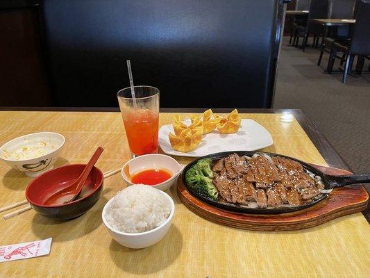 Beef teriyaki and crab Rangoons