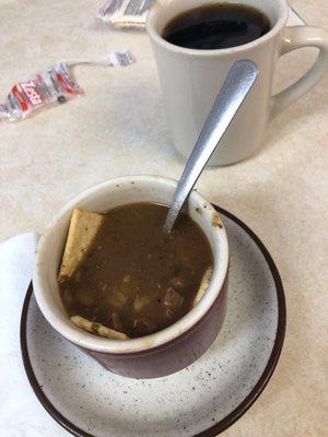 Lunch special - cup of beef and barley soup with a Reuben.