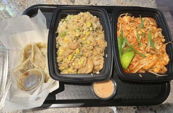 Gyoza appetizer, Shrimp Fried Rice and Pad-Thai at Midtown Noodles & Grill