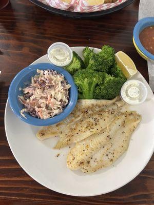 Broiled fish with steamed broccoli and coleslaw