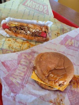 Chili cheese dog and burger..yummy!