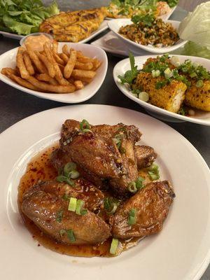 Appetizers Galore!  From chicken wings, Cajun fries, grilled corn, to chicken lettuce wraps and so much more!