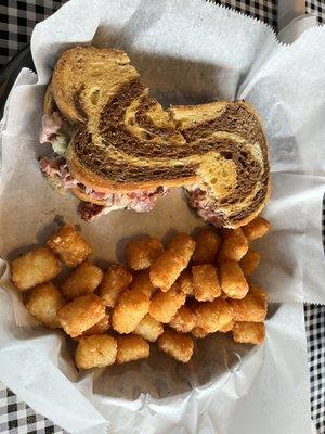 Rueben sandwich with tater tots...Very good!