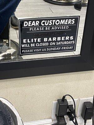 Elite is open on Sundays but closed on Saturdays!