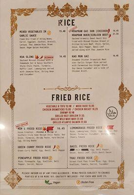 Rice and fried rice dish menu