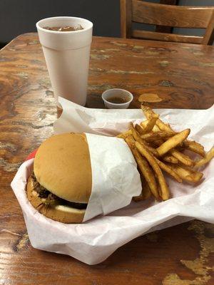 Chopped brisket sandwich with beer-battered steak fries and sweet tea. March 2020