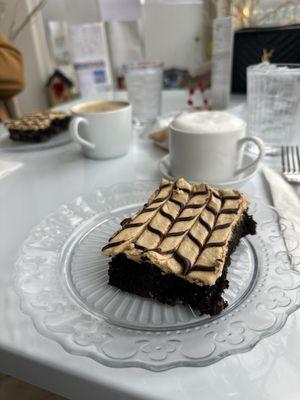 Peanut butter brownie and cappuccino