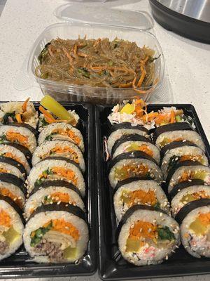 Bulgogi gimbap, crab gimbap, japchae