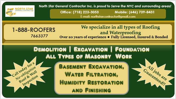 Roofing, Waterproofing, Basement Excavation, Foundation, Demolition Services.  General Contractor NYC