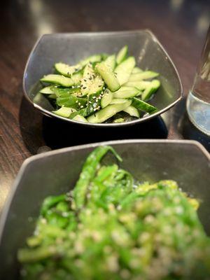 Cucumber salad and Seaweed Salad