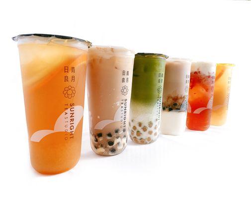 Sunright fruit tea, oolong brulee oat latte, matcha milk tea, cream pudding milk tea, strawberry jasmine with cheesefoam, orange yogurt