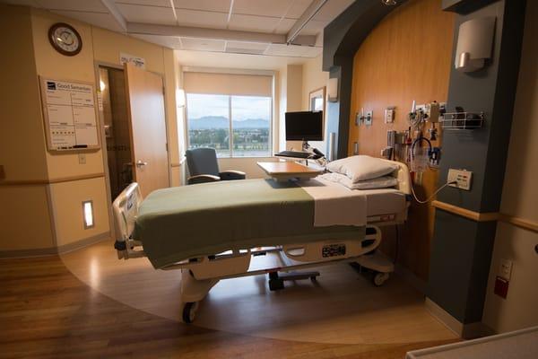 A patient room with mountain views.