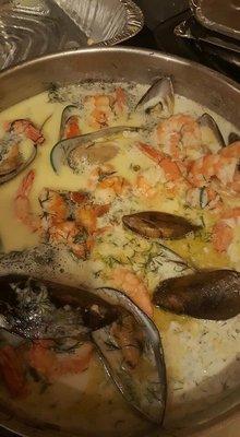 Shrimp and clams in wine and white sauce