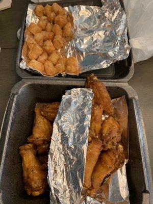 Wings and tots to go! Curb side pickup is super easy.