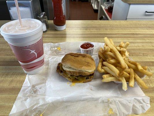 Bacon Cheese Burger, Fries, and Chocolate Shake.