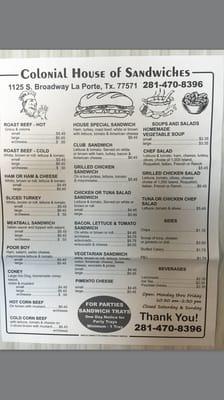 Colonial House of Sandwiches - La Porte MENU