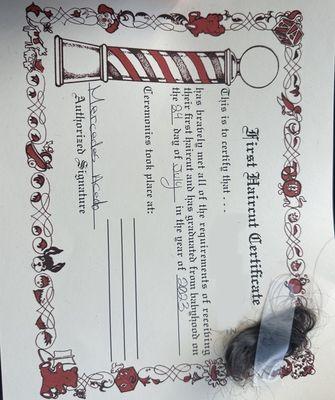 1st haircut certificate