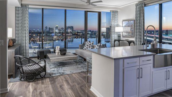 Lake House Orlando Apartments on Lake Ivanhoe Model Livingroom with Floor to Ceiling Windows