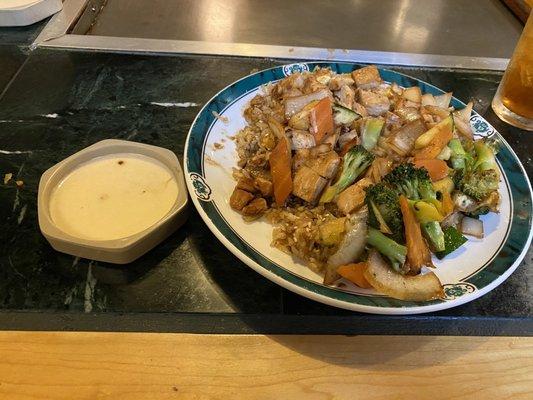 Chicken hibachi with fried rice and vegetables