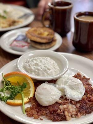 Corned Beef Hash, Poached Eggs, Cottage Cheese, English Muffins