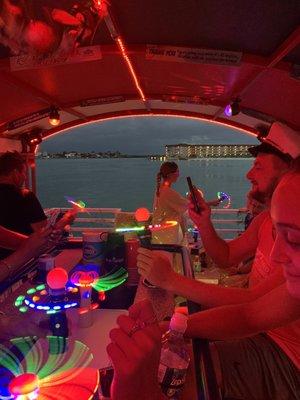 Interior of boat with party lights