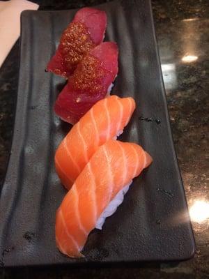 Garlic tuna and salmon nigiri