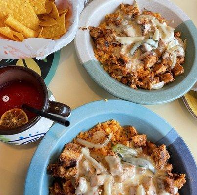 Arroz con Pollo, Chips, and Chula Fruita