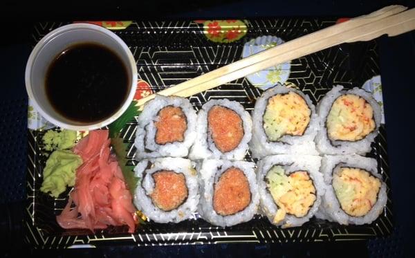 Spicy tuna and spicy crab regular rolls.