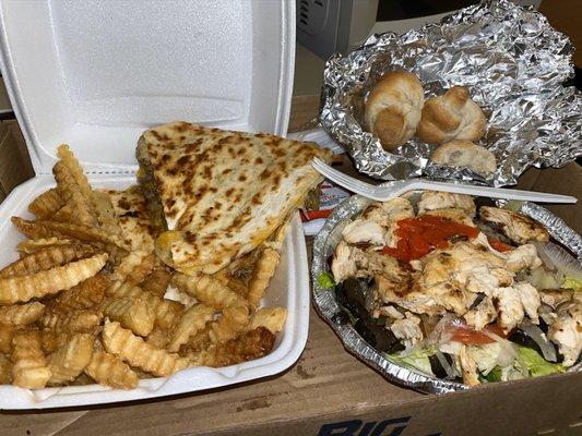 Steak and cheese quesadilla +fries w/ grilled chicken garden salad  Home Run