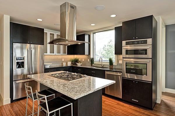 Waterfront Chef's Kitchen with Island Stove Top.