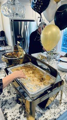 Scallop potatoes, rolls and salad