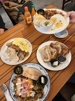 Vegan hash, honey sage French toast, bacon potato hash, && pow's breakfast