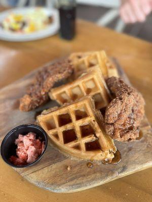 Chicken and waffles with strawberry butter