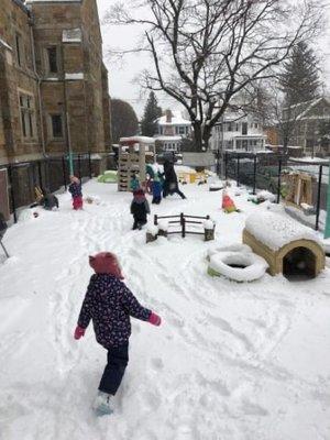 We spend as much time as we possibly can in our outdoor play-based learning space - all weather, all year!