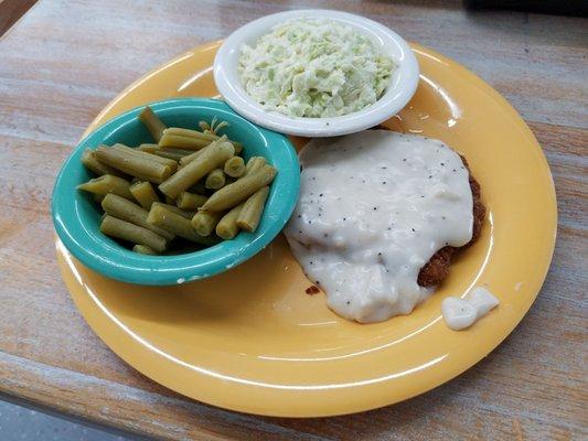 Today's Lunch Special- Country Fried Steak, with Green Beans and Cole Slaw for my sides. It was small  #FatCityGuyInASmallCountryTown