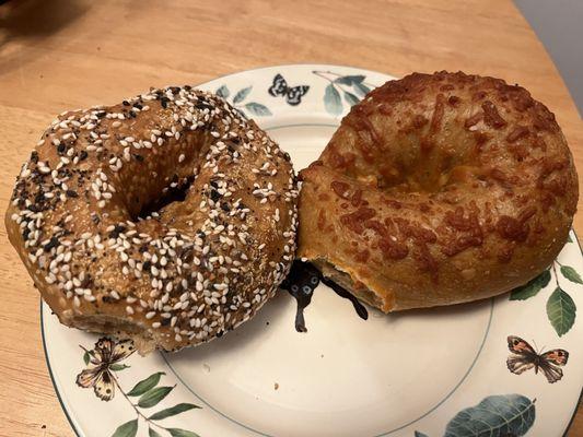 Everything bagel and Asiago bagel