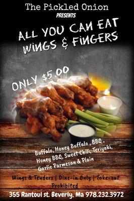 We offer all you can eat wings & Chicken tenders every Tuesday evening!